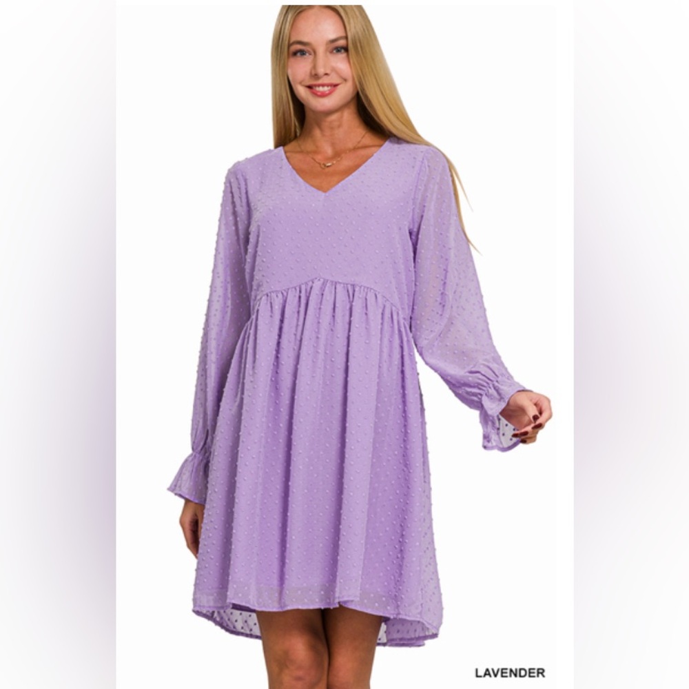 NWT ZENANA EASTER 🐣 SWISS DOT LONG SLEEVE V-NECK DRESS